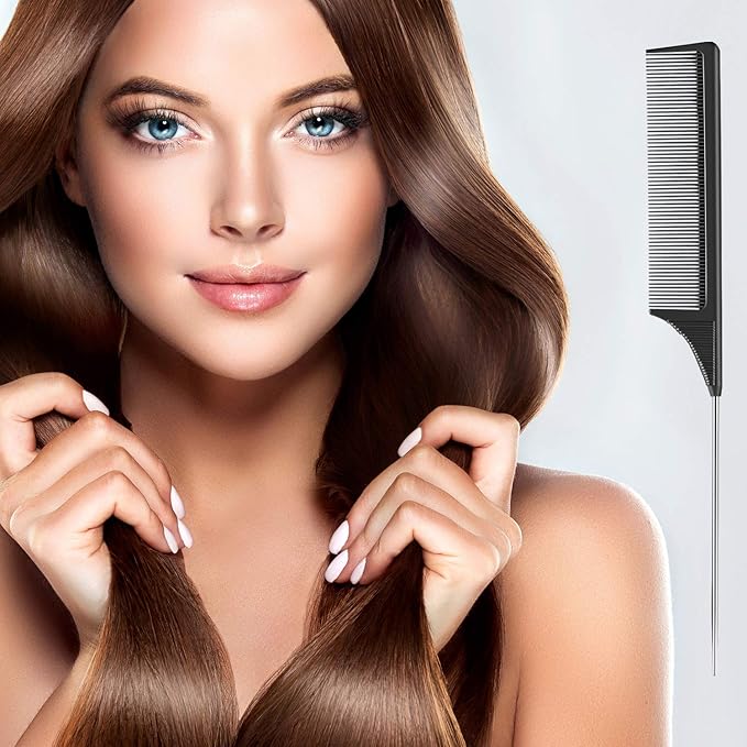 Leinuosen 2 Pack Rat Tail Combs with Parting Tip Steel Pin for Women Teasing Comb for Sectioning, Parting, Splitting, Styling Hair Stainless Steel Metal Pintail Carbon Fiber Heat Resistant