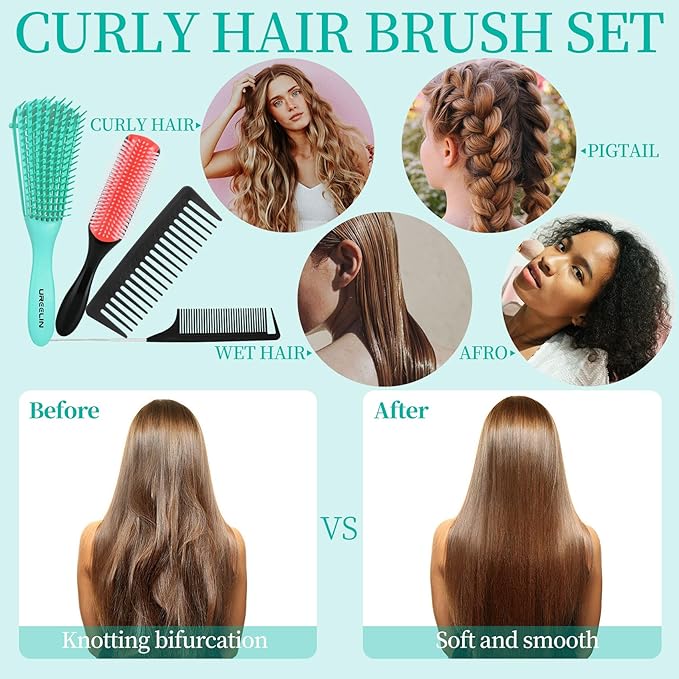 hair Brush Set for Afro America/African Hair, Textured 3a to 4c -Detangler Brush,9 row hair brush,Wide Tooth Comb,Rat Tail Comb (Green)