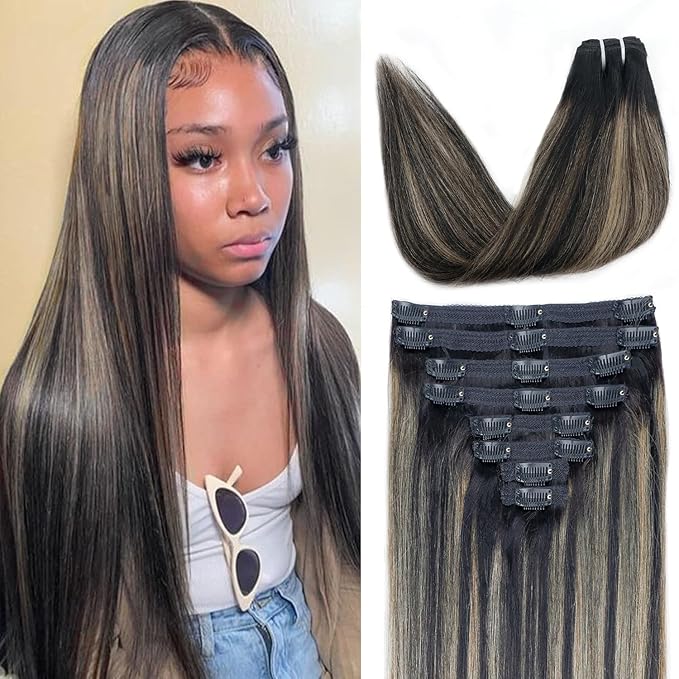FB27 Highlight Ombre Clip In Hair Extensions Real Human Hair Straight Clip In Black to Blonde Human Hair Extensions Balayage Clip ins Remy Hair for Women 8Pcs with 18Clips Lace Weft 120g 16inch