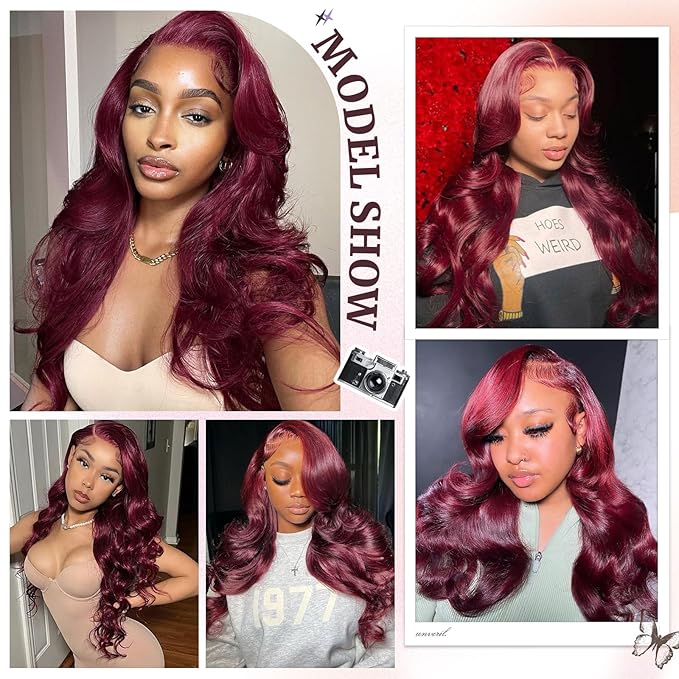 2x6 HD Lace Closure Human Hair Body Wave 99J Burgundy Dark Red Wine Color Transparent Lace Closure 2x6 Long Deep Middle Part 100% Raw Virgin Human Hair 12 Inch 150% Density