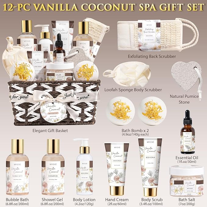 Christmas Birthday Gifts for Women, Vanilla Coconut Relaxing Spa Gift Baskets for Women Self Care Package Bath Gift Set, Home Bath and Body Kit Pampering Gifts for Womens Mom Her Friends Sister Wife