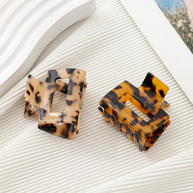 2Pcs Small Medium Hair Claw Clips for Women Tortoise Shell Rectangle Claw Hair Clips for Thin Fine Medium Thick Hair Non Slip
