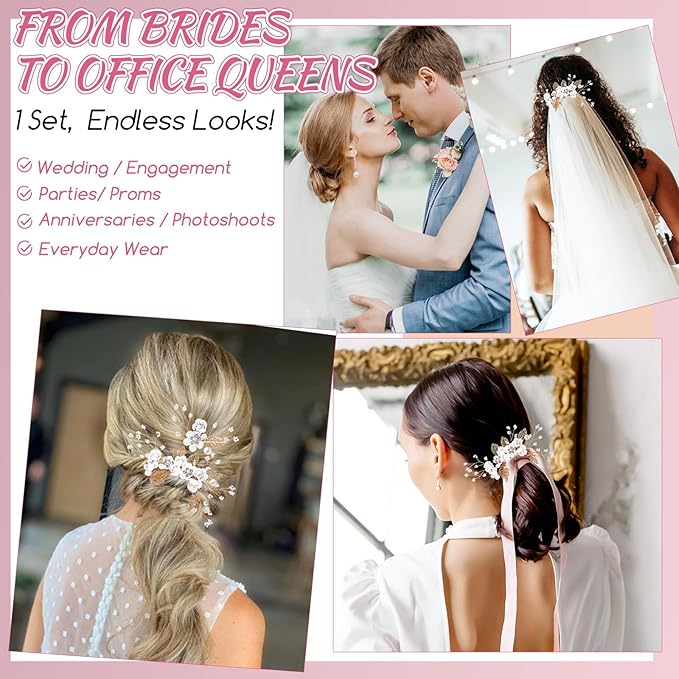 Wedding Flower Hair Accessories for Women: 4pcs Leaf and Flower Hair Combs for Women Accessories - Crystal Pearl Wedding Flower Clips Headpiece for Brides Bridesmaids Girls Updo (White)