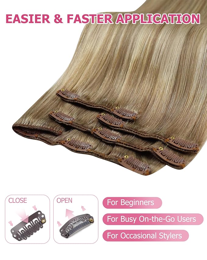 YoungSee Hair Extensions Clip ins Light Brown Mix Platinum Blonde Balayage Clip in Hair Extensions Light Brown Roots Clip in Extensions Real Human Hair for Short Hair 12In 7Pcs 85G