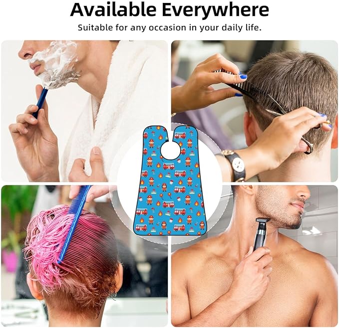 Beard Grooming Cape, Waterproof Hair Catcher for Shaving Trimming, Non-Stick Bib Apron Gifts for Dad Men, Cute Red Fire Truck Blue Shave Bib