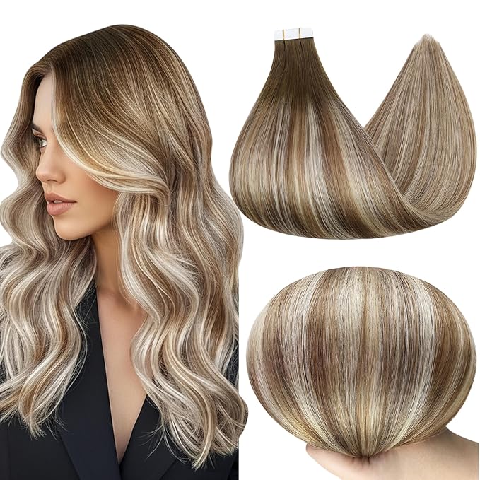 Full Shine Tape ins Human Hair Extensions Seamless Skin Weft Invisible Real Hair 22Inch Dark Brown Roots Color 3 Ombre 8 and 22 Blonde Highlighted Balayage Remy Tape in Extensions 50g 20Pcs