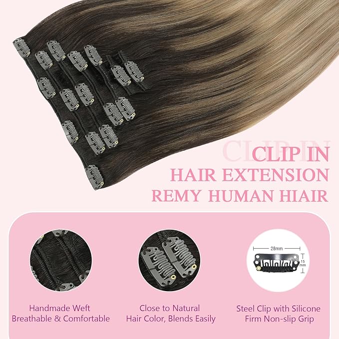 PINKPEARL Clip in Hair Extensions Real Human Hair #2/6/18 Balayage Dark Brown to Chestnut Brown and Ash Blonde 7pcs 120g 22inch Ombre Remy Human Hair Extensios Clip ins(#2/6/18-22)