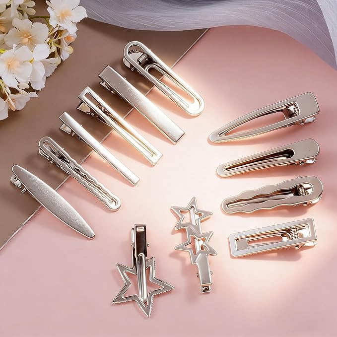 OIIKI 24pcs Silver Y2K Hair Clips, 12 Style Metal Alligator Clips Barrettes for Women, Non-Slip 2000s Star Hairclips Cool Hair Accessories for Thin Thick Straight Curle Hairstyles