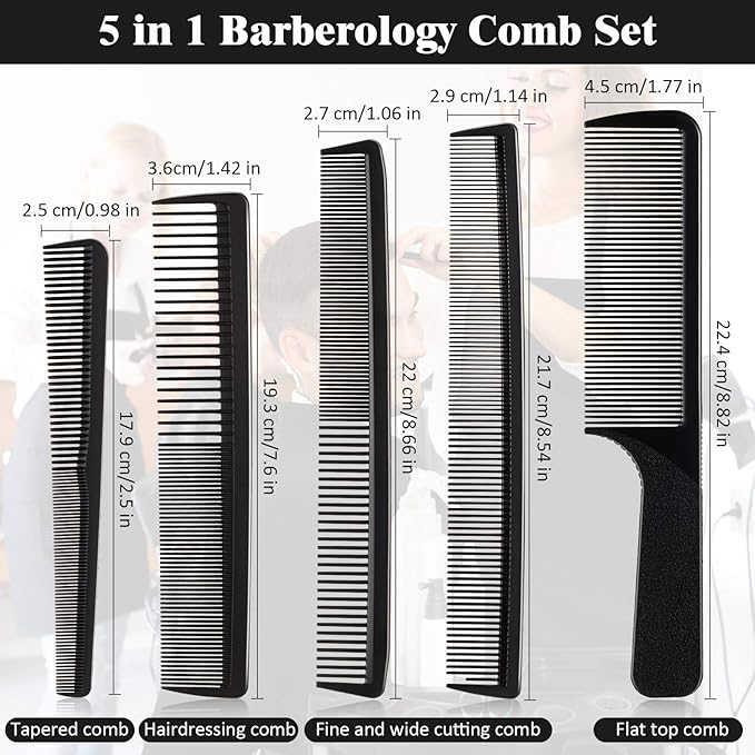 5 Pieces Hair Cutting Comb Barber Hair Styling Combs Fine Teeth Carbon Hairbrush Set Anti Static Heat Resistant Hairdressing Tapered Hairbrush for Men Women