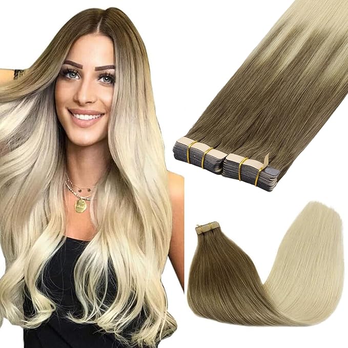 GOO GOO Tape in Hair Extensions Human Hair, 9/60 Balayage Ash Brown to Platinum Blonde, 12inch 80g 40pcs, Skin Weft Seamless Invisible, Silky Straight with Thick Ends, Remy Human Hair