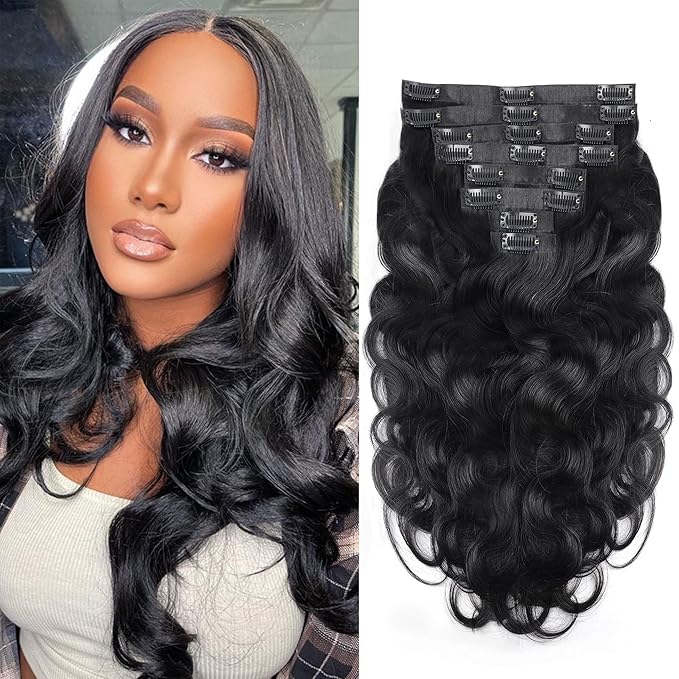 Seamless Clip In Hair Extensions Real Human Hair PU Weft Body Wave Clip In Hair Extensions Human Hair 8pcs with 18Clips Per Set 120g(18inch,Natural Black)