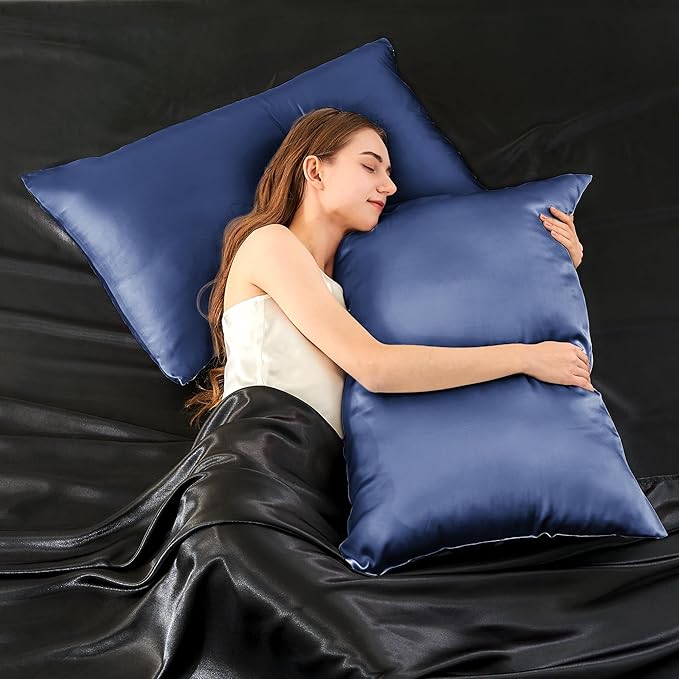 INFIIXSO Mulberry Silk Pillowcase for Hair and Skin, Silk Pillow Cases Queen Size Set of 2 with Hidden Zipper 20x30 Inches, Ultra Smooth and Soft Cooling Pillow Cases for Hot Sleepers(Navy, 2 Pack)