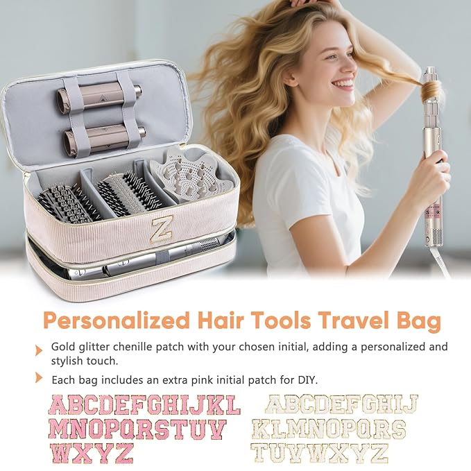 Initial Personalized Hair Tools Travel Bag Double-Layer Hair Dryer Case Compatible with Shark FlexStyle/SmoothStyle, Dysson Airwrap & Supersonic – Hair Tool Organizer for Travel & Home
