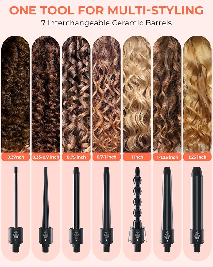 7 in 1 Curling Wand Set: Ohuhu Curling Iron Wand 7Pcs 0.35 to 1.25 Inch Interchangeable Ceramic Barrel Heat Protective Glove 2 Clips Dual Voltage Hair Curler Girl Women Mother Christmas Gift Black