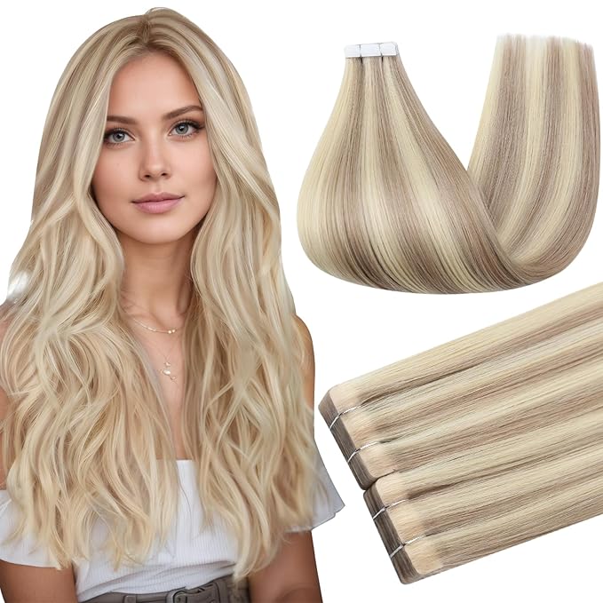 Full Shine Tape in Hair Extensions Injection Human Hair Tape in Extensions Color 18/613 Ash Blonde Injected Reusable Extension Remy Seamless Skin Weft 24Inch 50Gram 20Pcs for Women