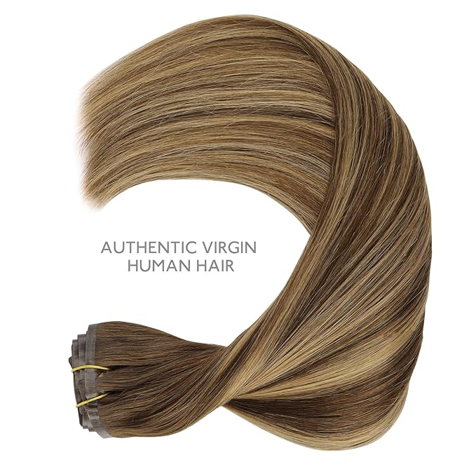WENNALIFE Seamless Clip In Hair Extensions, 22 Inch 150g 7pcs Balayage Chocolate Brown to Caramel Blonde, Clip In Human Hair Invisible PU Skin Weft Natural Remy Human Hair Extensions