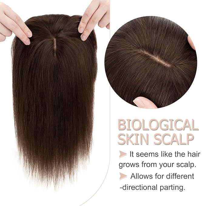Hair Toppers for Women Real Human Hair With Bangs, 13 * 15 cm Larger Silk Base 150% Density Clip In Topper Hairpieces, Wiglet Top Pieces Add Volume -12 Inch 02 Dark Brown