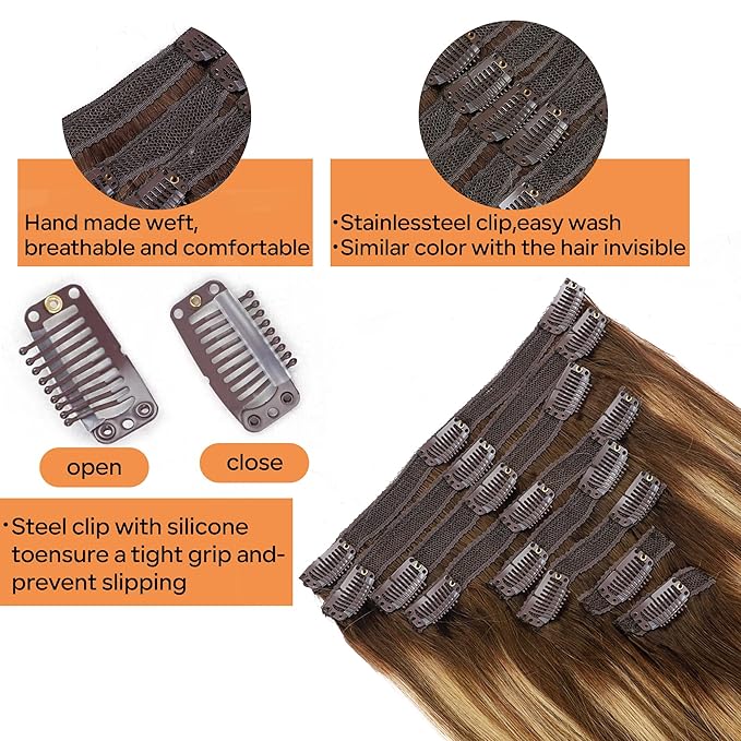 Straight Clip In Hair Extensions Real Human Hair 8Pcs Clip In Balayage Chocolate Brown to Caramel Blonde Human Hair Extensions with 18Clips Lace Weft 120g 16inch