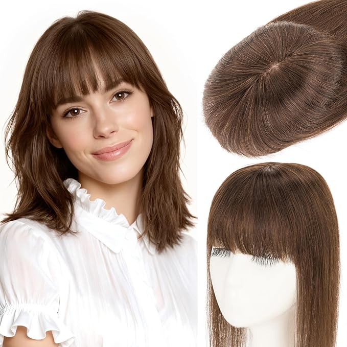 Rich Choices Human Hair Toppers for Women-100% Real Remy Hair Topper with 3D 360°Bang-Upgraded 150% Density 9 * 12CM Lace Base-Clip in Hairs topper for Thinning Hairs-14Inch #2R Chocolate Brown