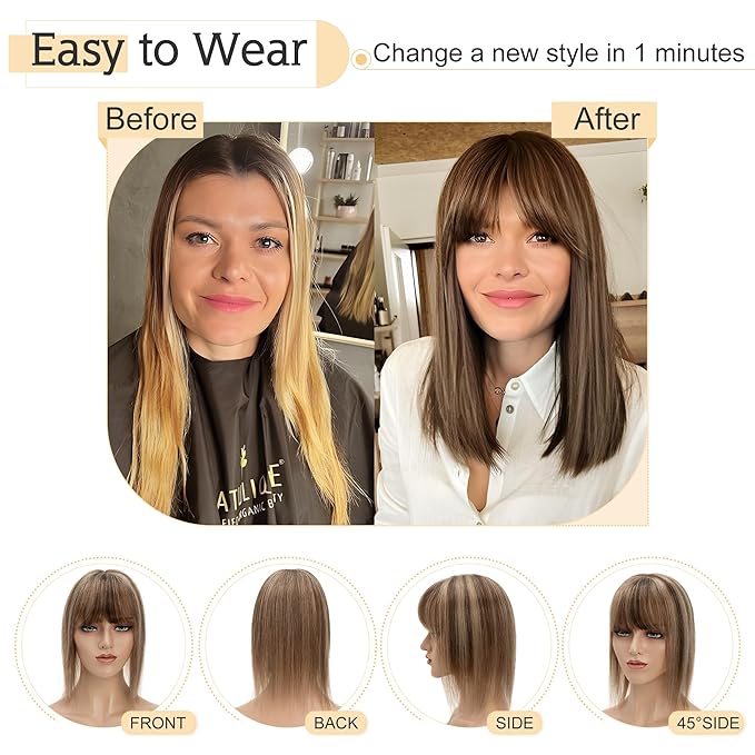 SEGO Hair Toppers for Women Real Human Hair With Bangs, 7 * 13CM Silk Base 100% Remy Human Hair Clip in Top Wiglet Hairpieces Add Volume -6 Inch Medium Brown&Dark Blonde