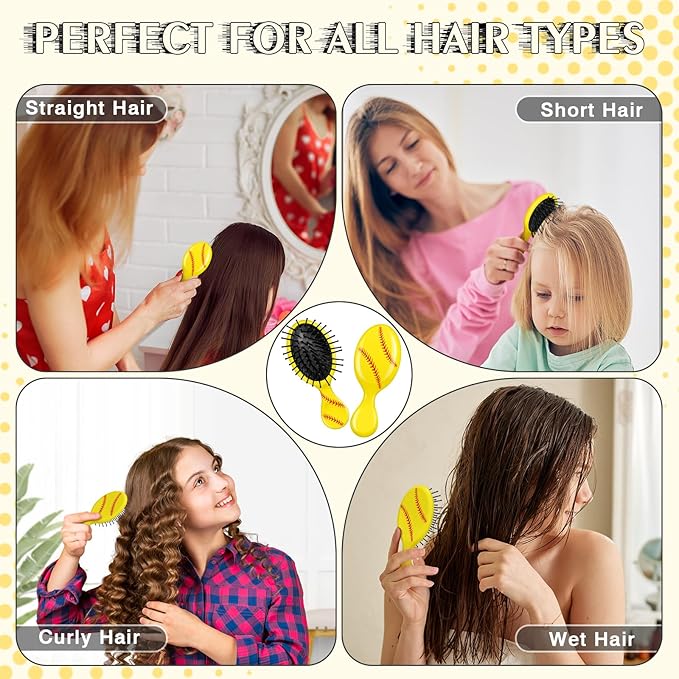 12 Pcs Softball Mini Detangler Brush, Mini Travel Hair Brush, Bristles Plastic Detangling Brush, No Tangle Soft Flexible Bristles for Straight, Curly, Thick Hair for Softball Team Gift Sport Party