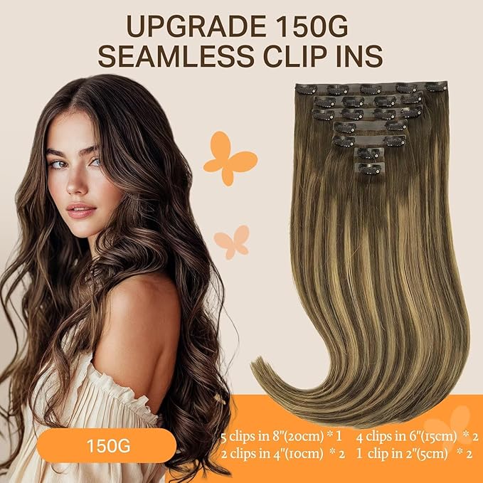 DOORES Invisible Edge Clip in Hair Extensions, Chocolate Brown to Caramel Blonde, 130g 7pcs 18 Inch Virgin Straight Human Hair for Women
