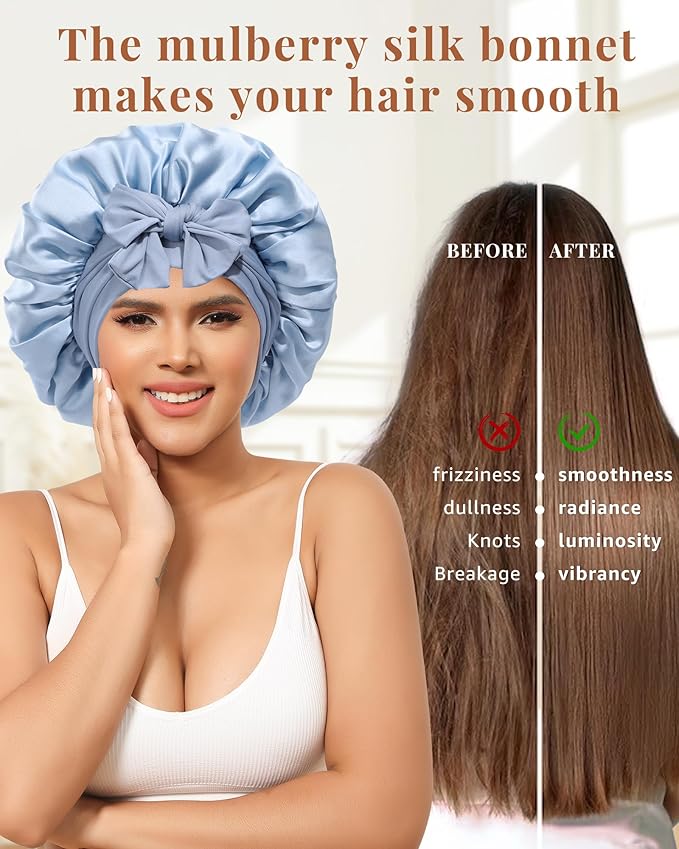 AWAYTR Silk Bonnet for Sleeping Women 100% Mulberry Silk Bonnet with Band 2 Layer Reversible Hair Bonnet Sleeping Hair Wrap (Silk, Haze blue/Sky blue)