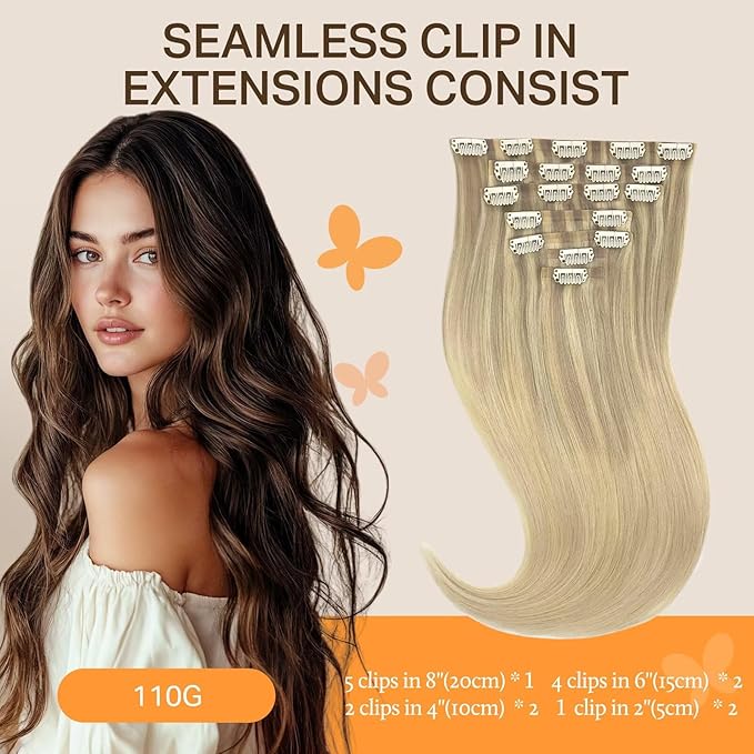 DOORES Human Hair Extensions - Ash, Golden, and Platinum Blonde - 22 Inch, 7pcs, 110g - Invisi Edge Seamless Clip in Real Human Hair Straight