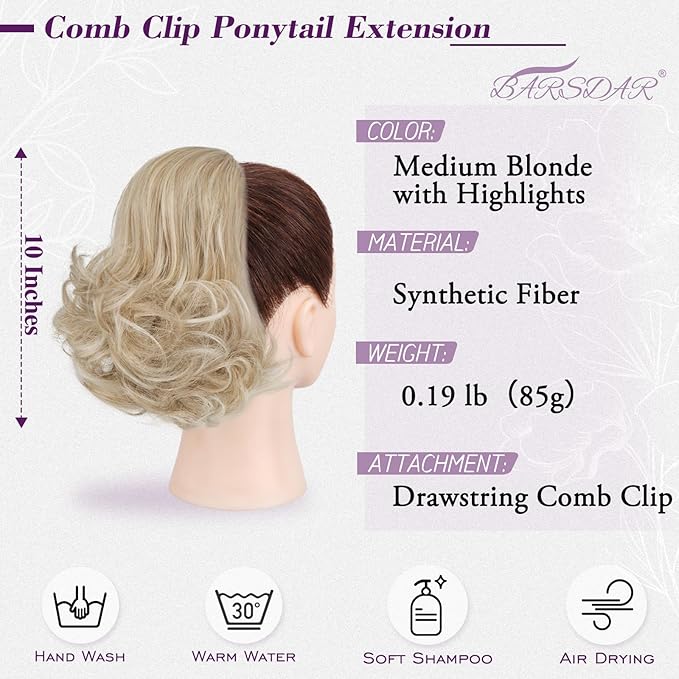 BARSDAR Short Blonde Drawstring Ponytail - 10 Inch Wavy Comb Clip Ponytail Extensions for Women - Synthetic Clip in Ponytails Hairpieces Fake Pony Tails Daily - Medium Blonde with Highlights