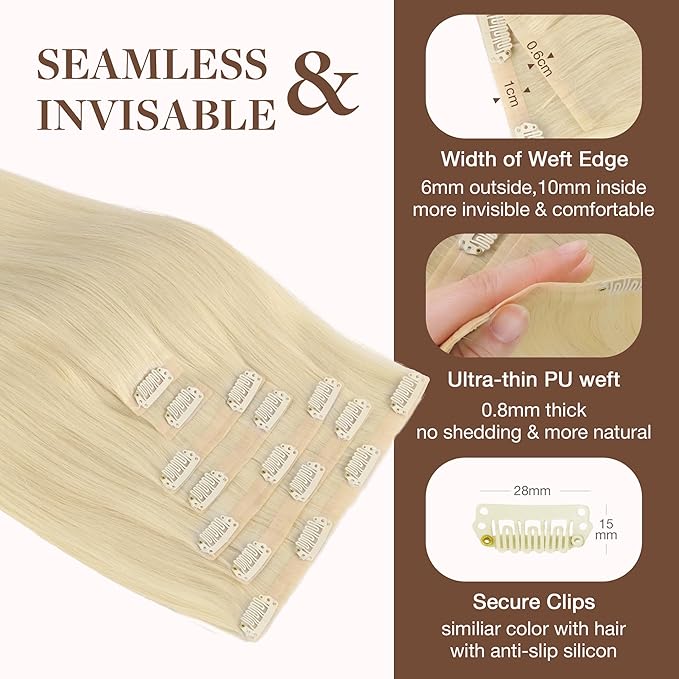 GOO GOO Clip in Hair Extensions Real Human Hair, Remy Human Hair Extensions Clip ins for Women, Natural Human Hair, 12inch 85g 7Pcs, #60A Platinum Blonde