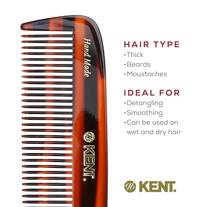 Kent 12T Tortoise Pocket Comb - Handmade Wide Tooth Hair Comb for Men, Women, and Kids - Travel, Beard, and Mustache Comb - Saw Cut and Hand Polished Made in England
