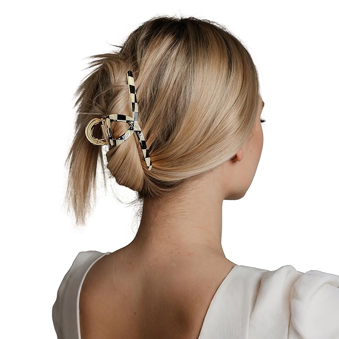 Big Butterfly Metal Hair Claw Clips for Women - Checkerboard Clamps with Strong Hold, 4.7" Large Hair Accessories for Long Thick Hair (Black&White)