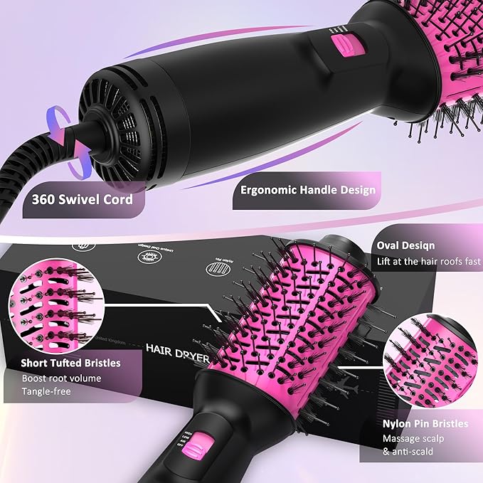 Dual Voltage Travel Hair Dryer Brush (100V-240V), Automatic Hot Air Brush with EU&UK Plug, 2 Inch Oval Barrel One Step Blow Dryer Brush and Negative Ion Anti-frizz Styling Brush