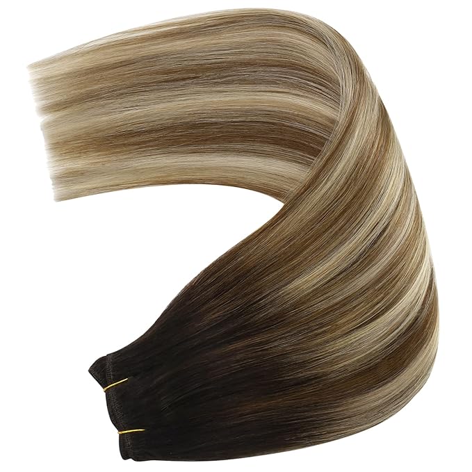 YoungSee Weft Hair Extensions Brown Balayage Human Hair Extensions Sew in Darkest Roots to Medium Brown with Blonde Balayage Double Weft Human Hair Extensions 16Inch 100G
