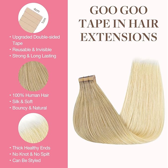 GOO GOO Tape in Hair Extensions Human Hair, O7/60F Ombre Ash Blonde with Frosted Highlights, 12inch 40g 20pcs, Skin Weft Seamless Invisible, Silky Straight with Thick Ends, Remy Human Hair