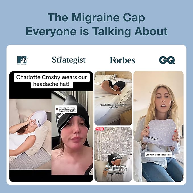 MyHalos® Migraine Relief Cap, 30% Thicker, 2X More Cooling Gel, Stays Colder for Longer, Ice Hat, Ice Pack Head Wrap, Cold Headaches & Migraine Mask - Hangover, Tension Headache Relief Cap (Black)