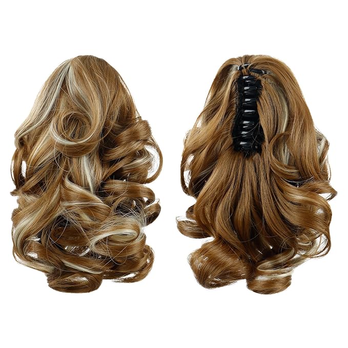 Blonde Ponytail Extensions,9" Short Curly Wavy Claw Clip in Ponytails Hair Extensions Natural Soft Synthetic Hairpiece for Women