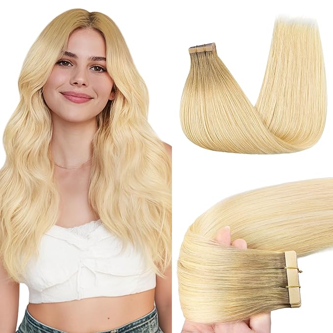 GOO GOO Tape in Hair Extensions Human Hair, R7/60F Rooted Ash Blonde with Frosted Highlights, 12inch 40g 20pcs, Skin Weft Seamless Invisible, Silky Straight with Thick Ends, Remy Human Hair