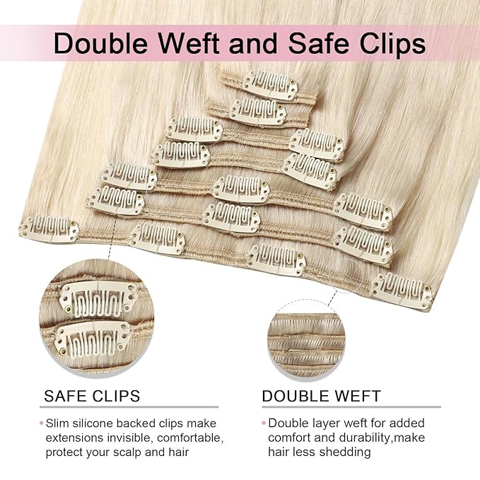 Pro2.0 Clip in Hair Extensions Real Human Hair 22inch 7pcs #60 Platinum Blonde Remy Real Hair Extensions Clip in Human Hair 120g Thick Double Weft for Women（#60-22inch）