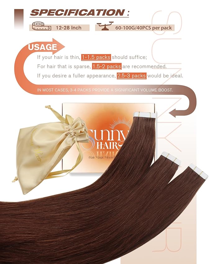 Sunny Hair Tape in Hair Extensions Human Hair, 20inch 40Pcs Auburn Brown Human Hair Tape in Extensions Remy Invisible Tape ins Human Hair Extensions Straight