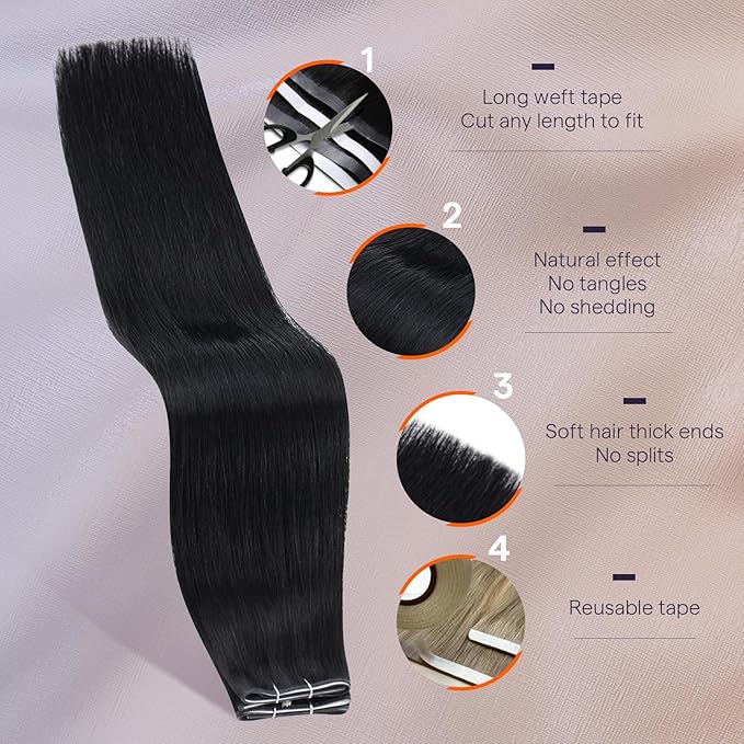 Full Shine Genius Weft Tape in Hair Extensions Color 1 Jet Black Wide Double Weft Tape in Extensions Real Human Hair Seamless Invisible PU Long Weft Hair Extensions 24Inch 50G Daily Office Look