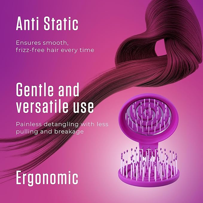 Mini Detangler Travel Hair Brush with Mirror, Makaron Hair Brushes for Women, Men and Kids, Unique 3D Flexible Design for All Hair Types, Styling Accessory, Travel Essentials for Women (PURPLE)
