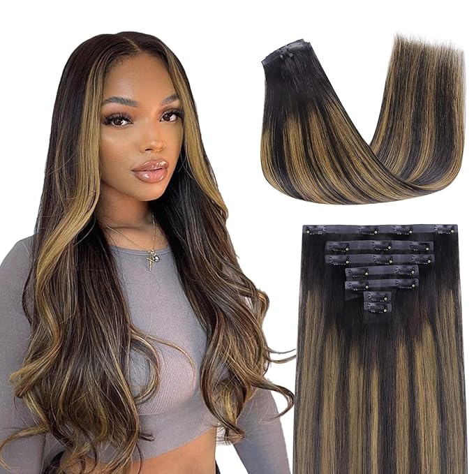 Lashey Seamless Clip in Hair Extensions Human Hair Natural Black Mixed Chestnut Brown 24 Inch Long Clip in Hair Extensions 110g 7pcs Straight Real Human Hair for Black Women