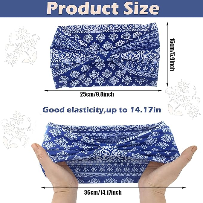 Yeshan Wide Bandana headbands for Women Boho Bandeau Headband Knot Hair Scarf Bands Stretch Floral Printed Non Slip Head bands Elastic Turban Head Wraps Thick African Headband,Pack of 6