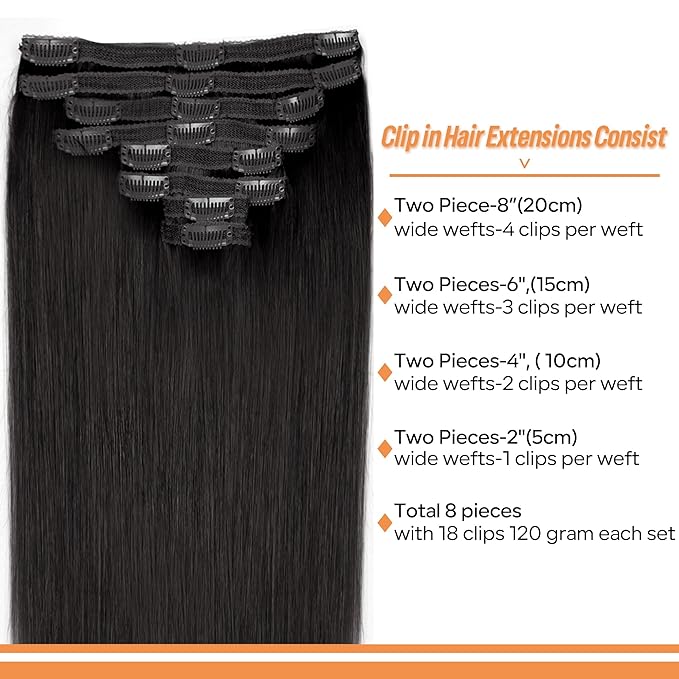 Straight Clip In Hair Extensions Real Human Hair 8Pcs Clip In Jet Black Human Hair Extensions with 18Clips Lace Weft 120g 14inch