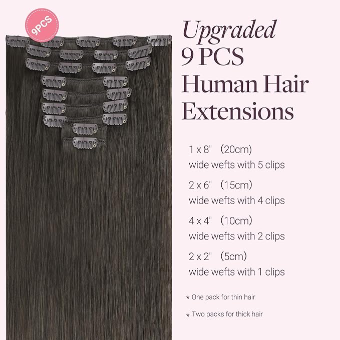 GOO GOO Clip in Hair Extensions Real Human Hair, Remy Human Hair Extensions Clip ins for Women, Natural Human Hair, 18inch 150g 9Pcs, 1C Mocha Brown