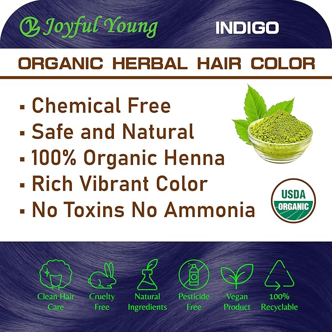 100% Organic Henna Hair Color – Natural, Chemical-Free Hair Dye for Rich, Vibrant Color & Gloss – Grey Coverage, Safe for All Hair Types, Vegan Non-Toxic, Herbal Hair Treatment (INDIGO)
