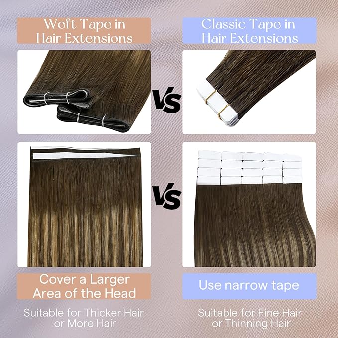 Full Shine Balayage Tape in Hair Extensions Color 4/24/4 Brown And Blonde Tape in Weft Hair Extensions Human Hair 18Inch Long Tape Double Weft 50G for Daily Office Look Natural One Piece