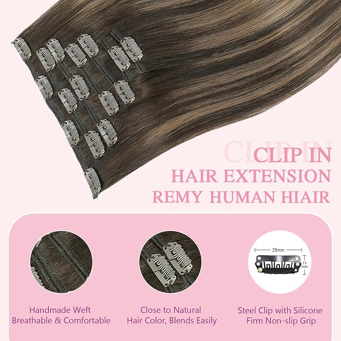 PINKPEARL Clip in Hair Extensions Human Hair Extensions, #2/6/2 Balayage Dark Brown to Chestnut Brown 120g 7pcs 22 Inch Real Human Hair Extensions Clip in Straight Remy Silky Weft(#2/6/2-22)