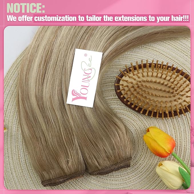 YoungSee Invisible Wire Hair Extensions Light Brown Wire Human Hair Extensions Balayage Light Brown Mix Platinum Blonde Soft Hair One Piece Hair Extension Real Human Hair 80G 14In